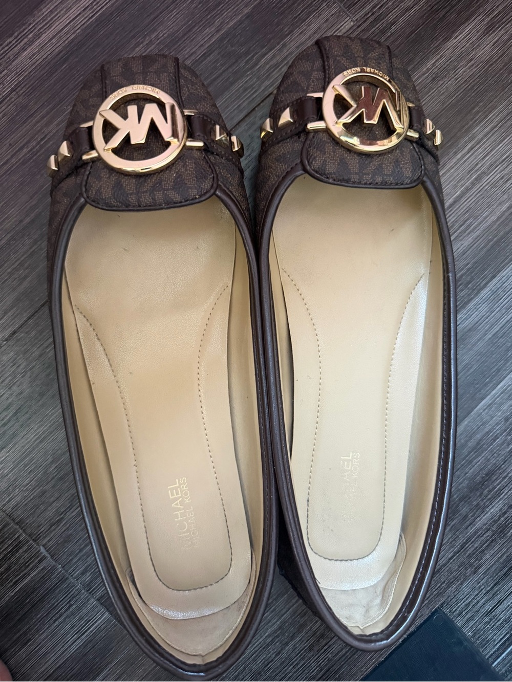 Michael Kors Brown Logo Moccasin Flats with Gold Hardware